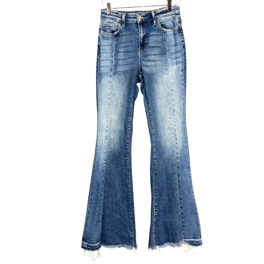Altar'd State Jeans Womens 27 Vervet Blue Flare Medium Wash Paneled Raw Hem Boho